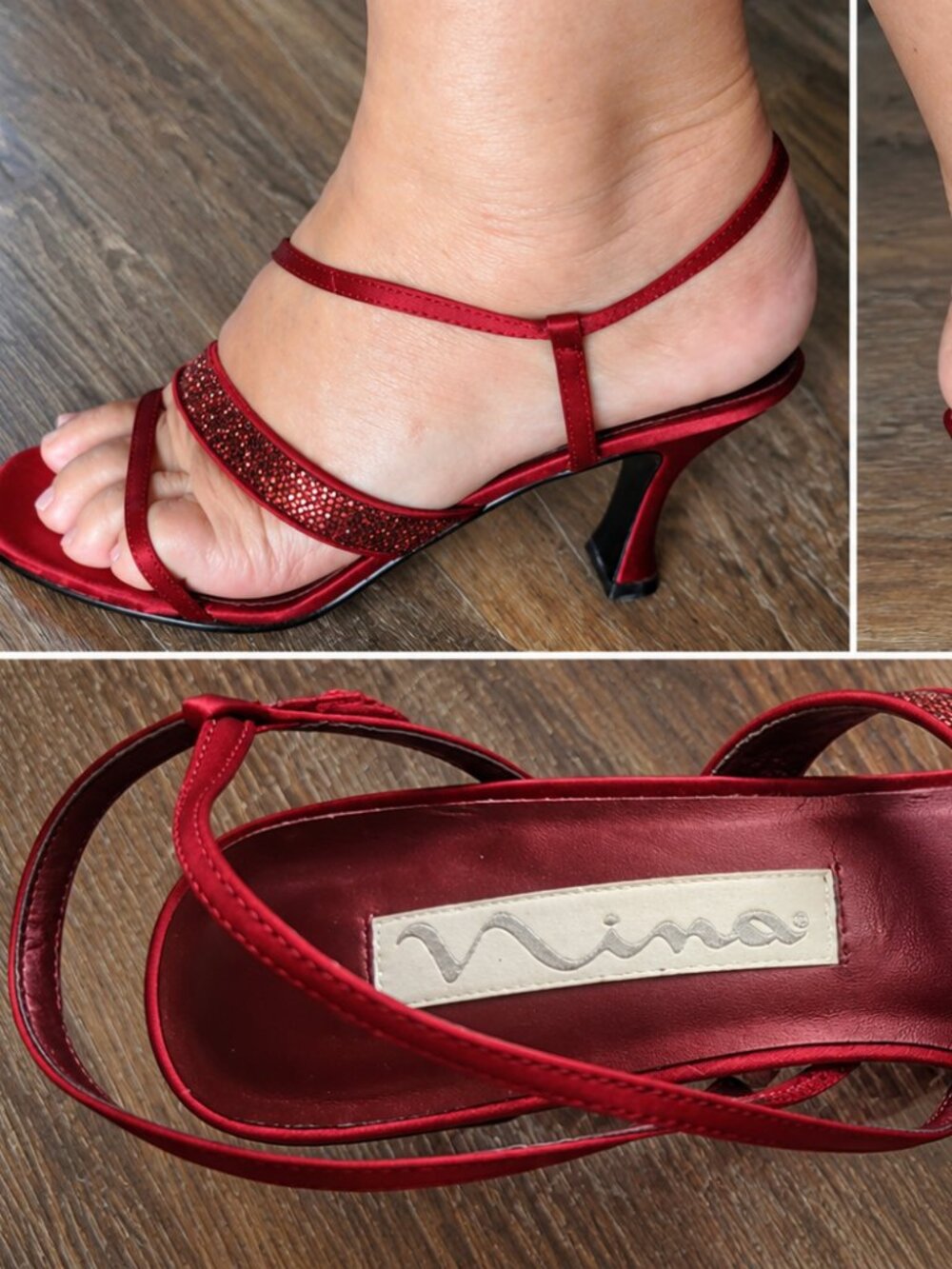 Nina Satin Rhinestone Heels Women's Dress Sandals Size 8.5 M Burgundy Wine